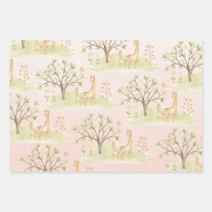 Mama Giraffe With Baby & Friends Blush Pink Wrapping Paper Sheets