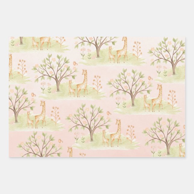 Mama Giraffe With Baby & Friends Blush Pink Wrapping Paper Sheets (Front)