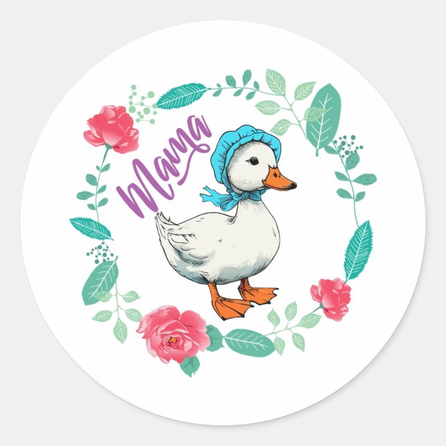 Mama Goose and Flowers for Mother’s Day Classic Round Sticker (Front)