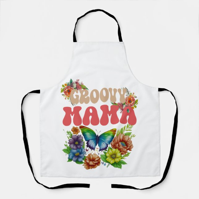 Mama Groovy Floral, Hippie Colorful Mom Apron (Front)