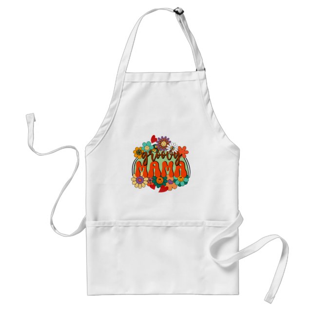 Mama Groovy Floral, Retro 70s Vibes Hippie Adult Apron (Front)