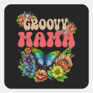 Mama Groovy Floral, Retro Floral Mothers Day Square Sticker