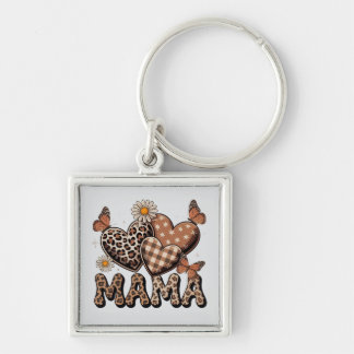 Mama Heart Leopard Print Silver Keychain