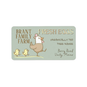 Mama hen and chicks on an egg-colored carton label