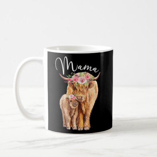 Mama Highland Cow With Baby Calf Floral Mothers Da Coffee Mug