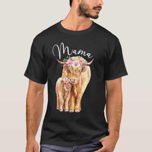 Mama Highland Cow With Baby Calf Floral Mothers Da T-Shirt