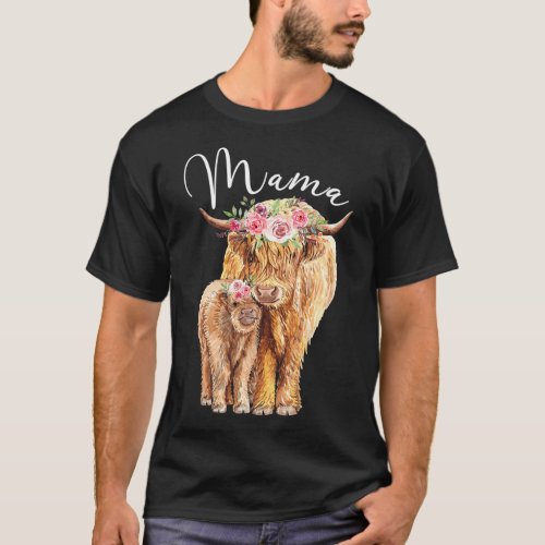 Mama Highland Cow With Baby Calf Floral Mothers Da T_Shirt