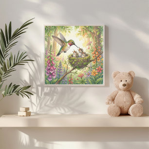 Mama Hummingbird and Chicks Nursery Poster