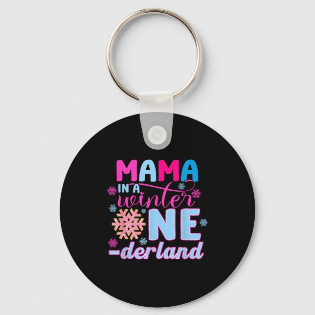 Mama In A Winter Onederland Bday Girl Sweet Snowfl Keychain (Front)