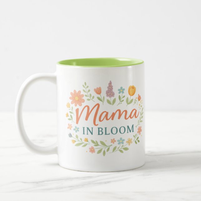 Mama In Bloom Floral Spring Typography Design Two-Tone Coffee Mug (Left)