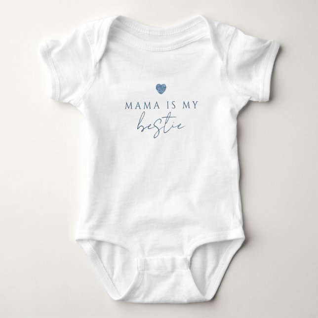 Mama Is My Bestie Blue Heart Baby Bodysuit (Front)