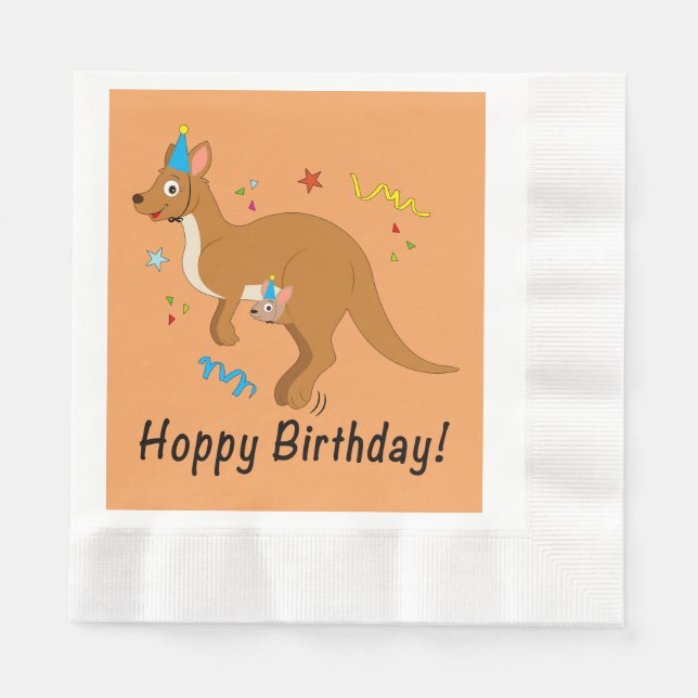 Mama Kangaroo and Baby in Birthday Hats Paper Napkins (Front)