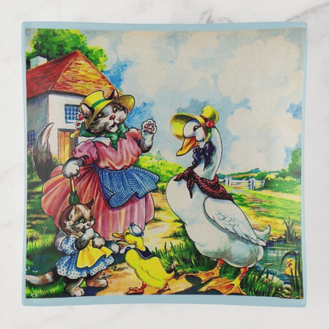 mama kitty cat and baby kitty visit ducks  trinket tray (Front)