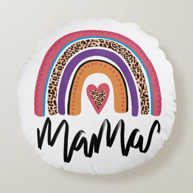 Mama Leopard Rainbow Round Pillow (Front)