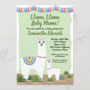 Mama Llama and Baby Green Polka Dot Baby Shower Invitation