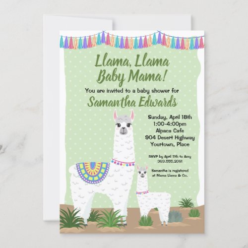 Mama Llama and Baby Green Polka Dot Baby Shower Invitation