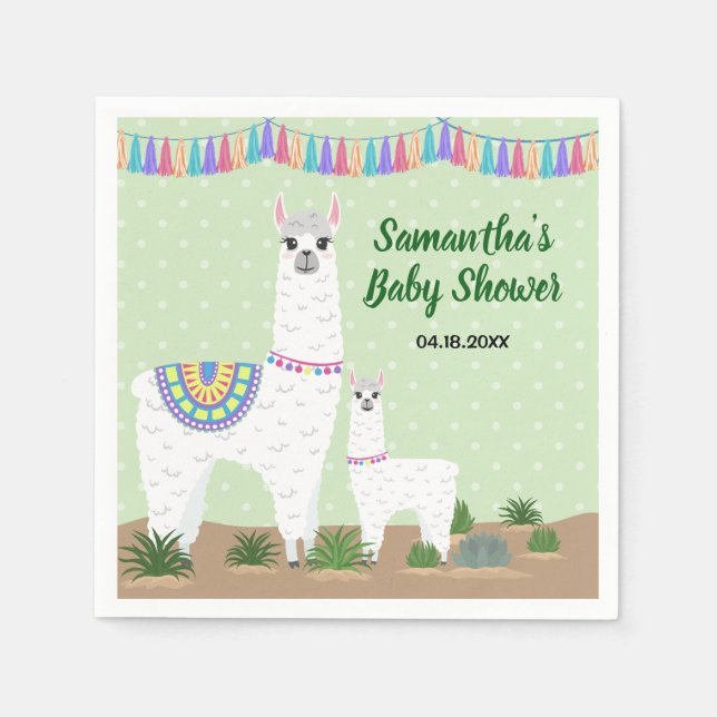 Mama Llama and Baby Green Polka Dot Baby Shower Napkins (Front)