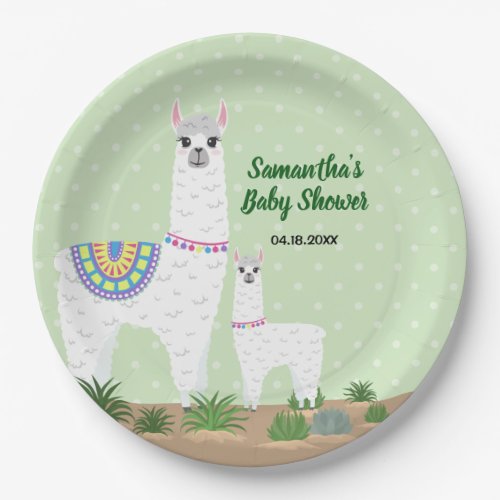 Mama Llama and Baby Green Polka Dot Baby Shower Paper Plates