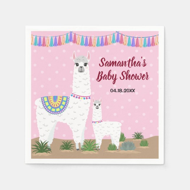 Mama Llama and Baby Pink Polka Dot Baby Shower Napkins (Front)