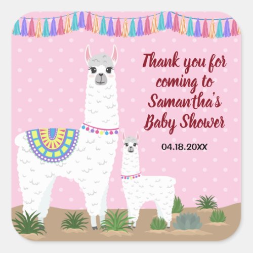 Mama Llama and Baby Pink Polka Dot Baby Shower Square Sticker