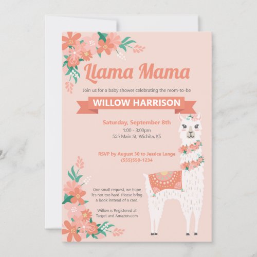 Mama Llama Baby Shower Invitation with Flowers