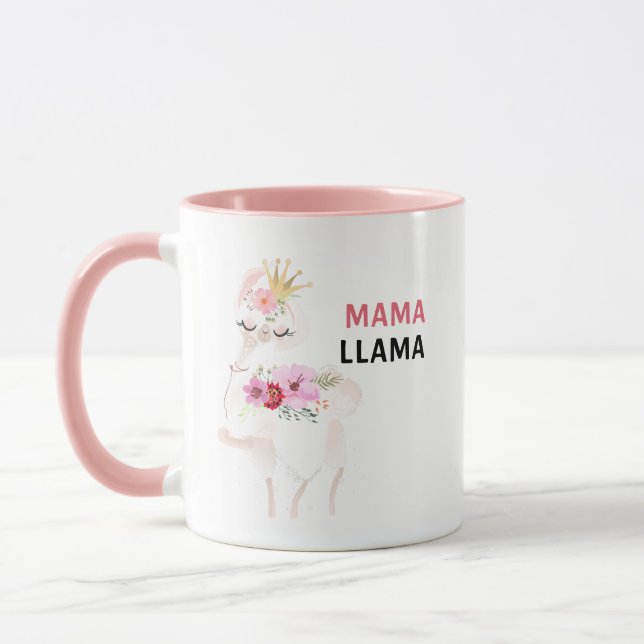 Mama Llama Funny Pretty Floral Pink Llama Mug (Left)