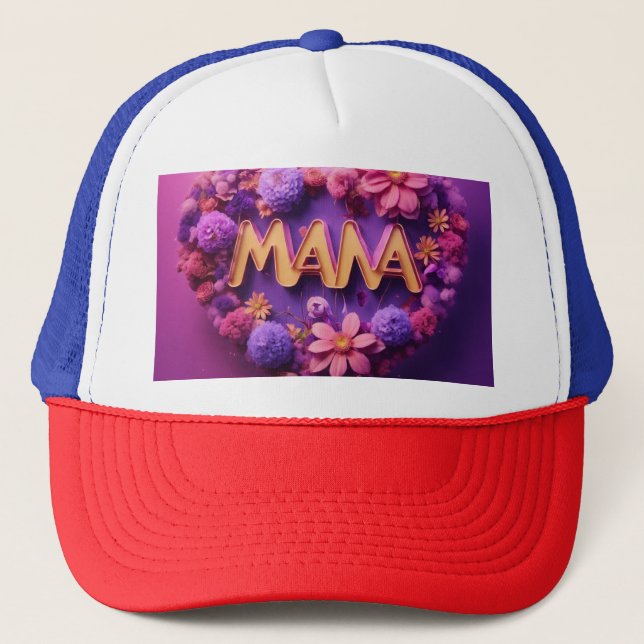  "Mama Love - Neon Heart with Floral Background 3D Trucker Hat (Front)