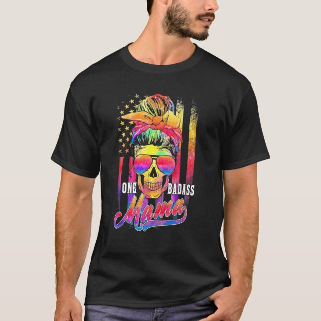 Mama Messy Bun Hippie America Flag  Mother America T-Shirt (Front)