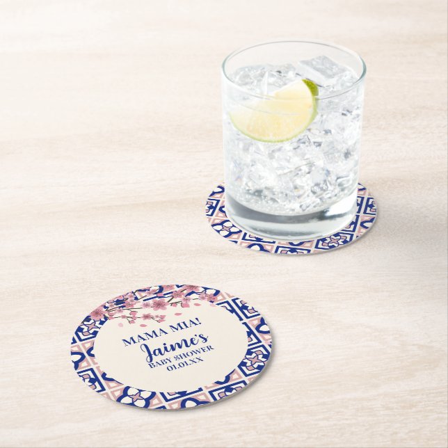 Mama Mia Baby Shower Cherry Blossoms Round Paper Coaster (Insitu)