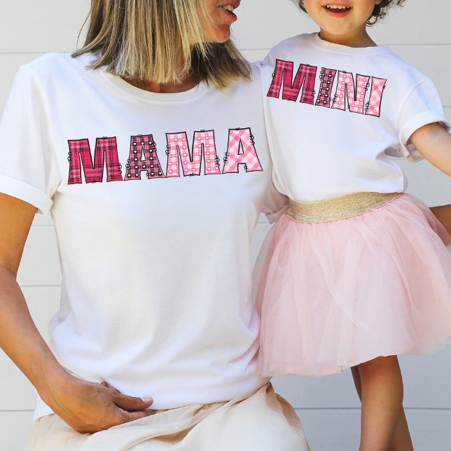 Mama Mom Cute Whimsical Rustic Pink Plaid Letters T-Shirt (Creator Uploaded)