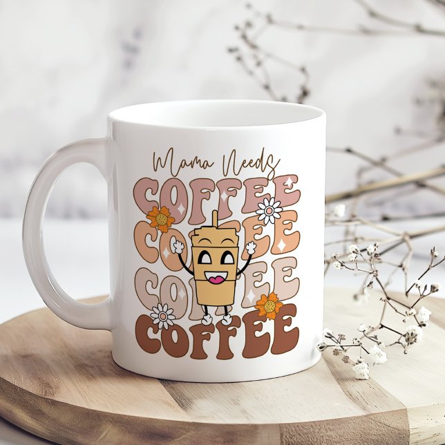 "Mama Needs Coffee" Retro Funny Pastel Floral Coffee Mug ("Mama Needs Coffee" Retro Funny Pastel Floral Coffee Mug on a boho kitchen table with tiny flowers)