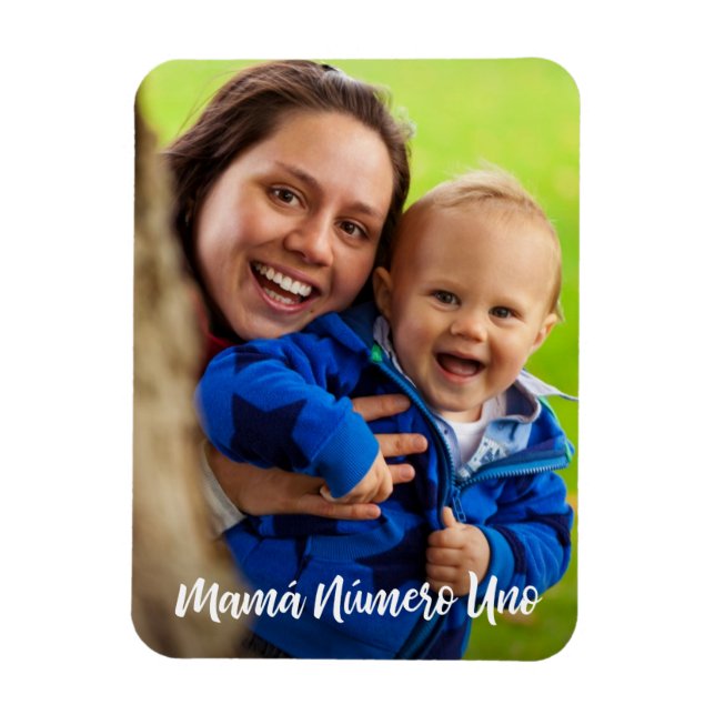Mamá Número Uno White Script Custom Photo Magnet (Vertical)