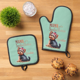 Mama of a Spoiled Rotten Yorkie Watercolor Art Oven Mitt & Pot Holder Set
