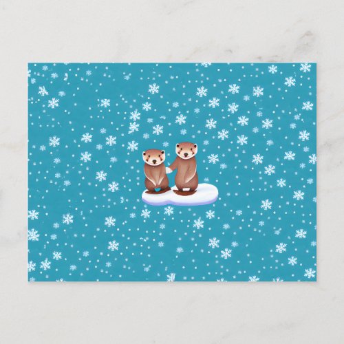Mama Otter and Puppy Otter Christmas Holiday Postcard