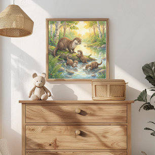 Mama Otter and Pups Nursery Poster