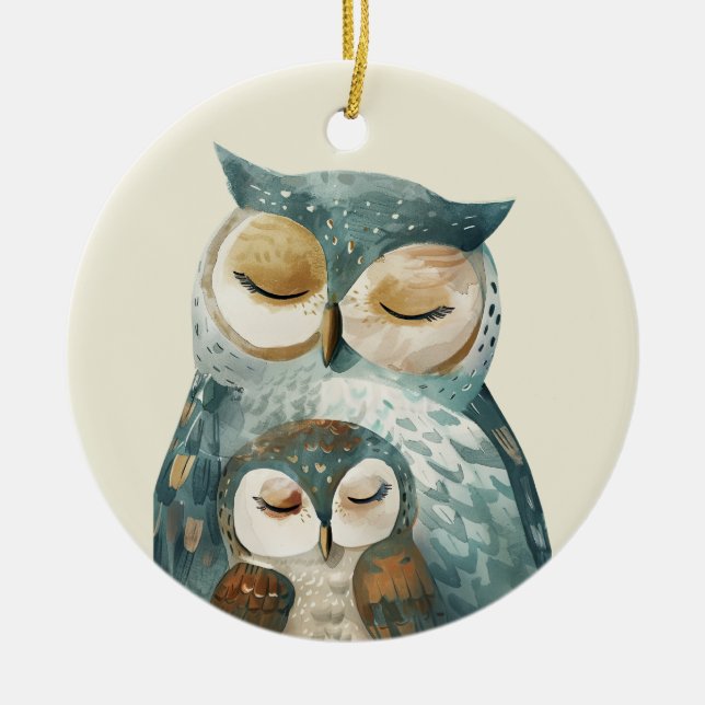  Mama Owl & Owlet Watercolor Mother's Day Ceramic Ornament (Front)