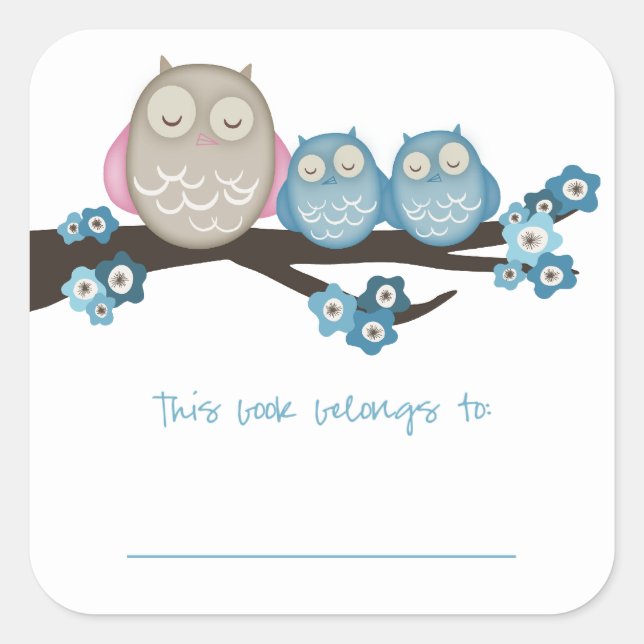 Mama Owl & Twins {Blue} | Bookplates (Front)