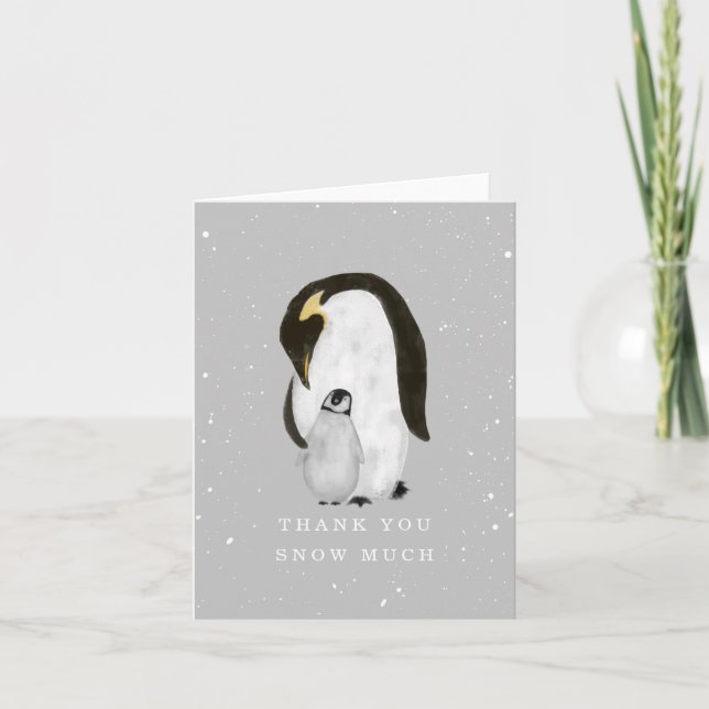Mama Penguin Gray Winter Neutral Baby Shower Thank You Card (Front)