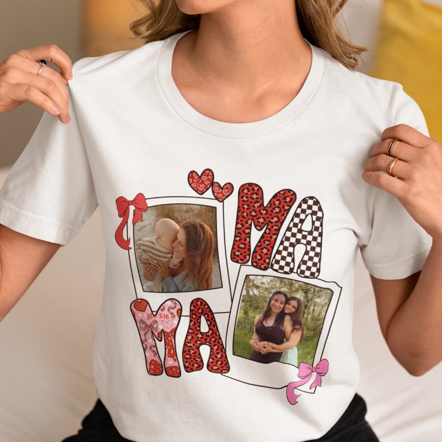 Mama Photo Collage Coquette Leopard Bow Shirt (Creator Uploaded)