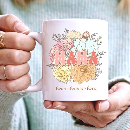 Mama Retro Floral Colorful Pastel Mom Kids Names Coffee Mug