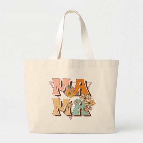 Mama Retro Floral Typography Large Tote Bag