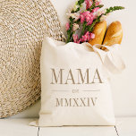 Mama Roman Numeral Year Established Tote Bag<br><div class="desc">A modern minimalist tote bag to celebrate a chic new mom,  this clean minimal tote features "Mama" or your choice of mommy nickname in neutral tan serif lettering. Customize with the year she became a mom beneath in elegant roman numerals for a chic touch.</div>