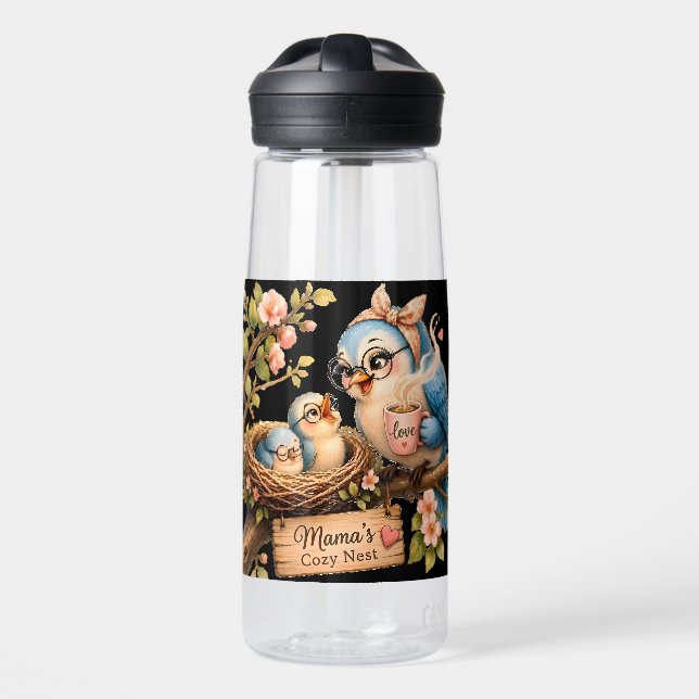 Mama’s Cozy Nest Black Water Bottle (Front)