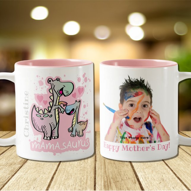 Mama Saurus Happy Mother's Day Photo Personalized Two-Tone Coffee Mug (Creator Uploaded)