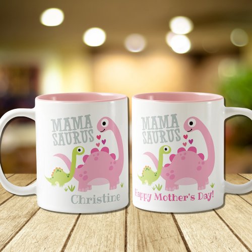 Mama Saurus Happy Mothers Day Pink Personalized Two_Tone Coffee Mug