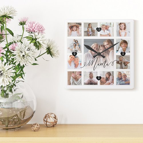 Mama Script Family Memory Photo Grid Collage Square Wall Clock