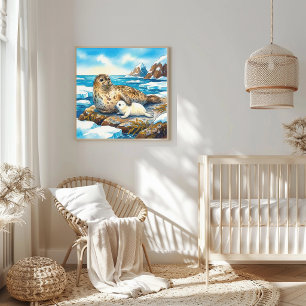Mama Seal and Pup Nursery Poster