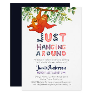 Mama SLOTH Just Hanging Around Blue Baby Boy Invitation
