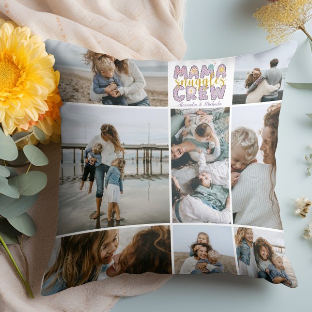 Mama Snuggle Crew Floral 8 Photo Collage Throw Pillow (Creator Uploaded)