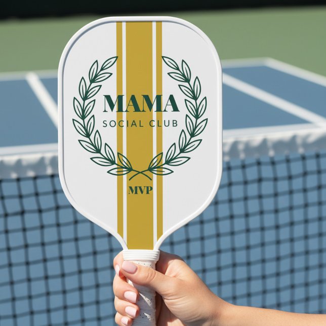 Mama Social Club Monogram Wreath Preppy Stripes Pickleball Paddle (Monogrammed pickleball paddle for preppy sporty mom by Darling & May)